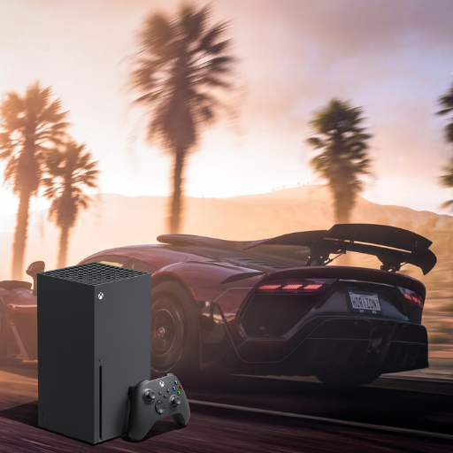 Xbox Series X console with controller in the foreground, featuring a high-speed sports car from Forza Horizon racing down a road lined with palm trees at sunset.