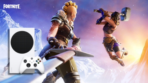 Xbox Series S console with controller in the foreground, featuring two Fortnite characters engaged in a dynamic battle scene with a snowy mountain backdrop.