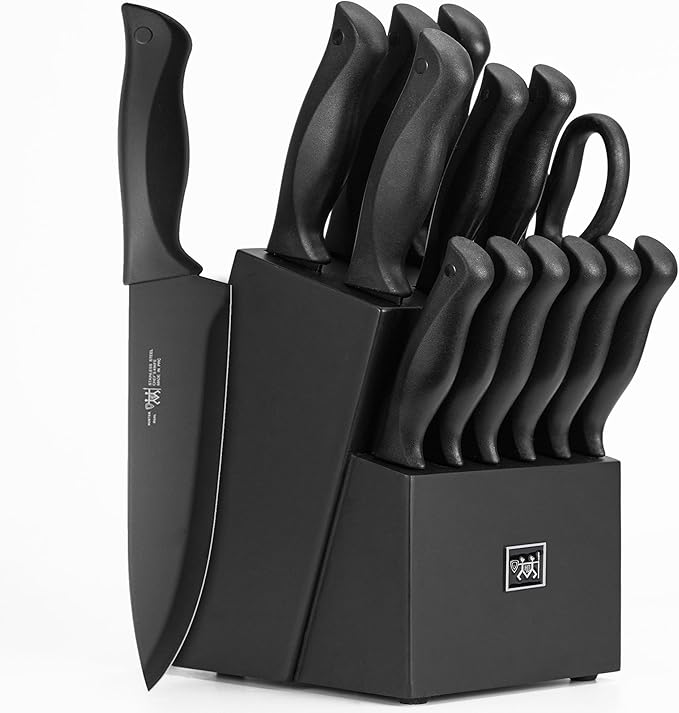 A sleek black knife set featuring multiple kitchen knives stored in a matching black block. Each knife has an ergonomic handle for comfortable grip, making it ideal for precise cutting tasks. The set includes chef knives, utility knives, and more, perfect for any home kitchen.