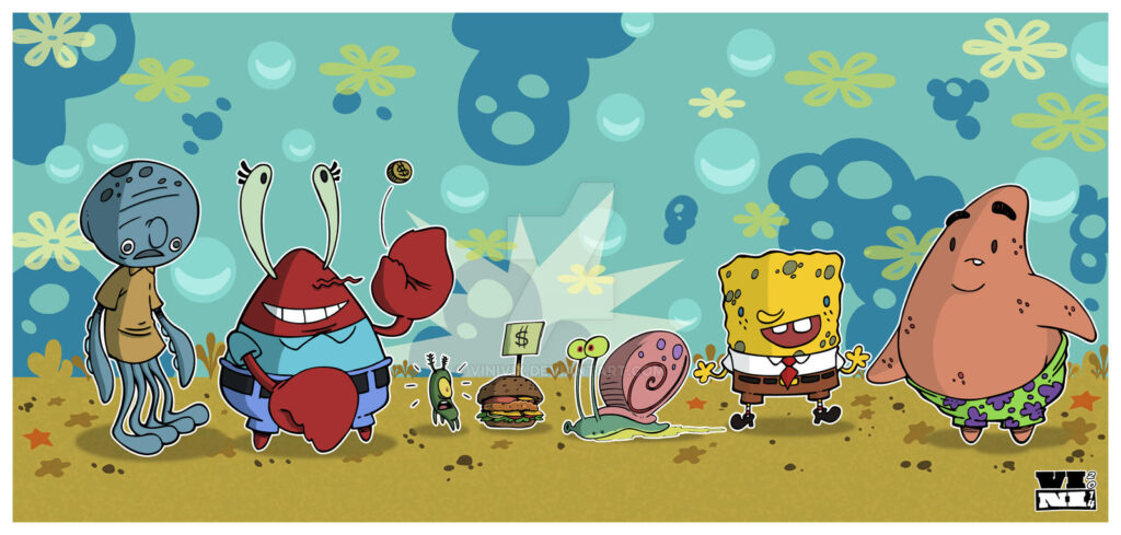 An animated scene featuring characters from the SpongeBob SquarePants series, including Squidward, Mr. Krabs, Plankton, Gary, SpongeBob, and Patrick, set in a colorful underwater environment with a Krabby Patty in the center.